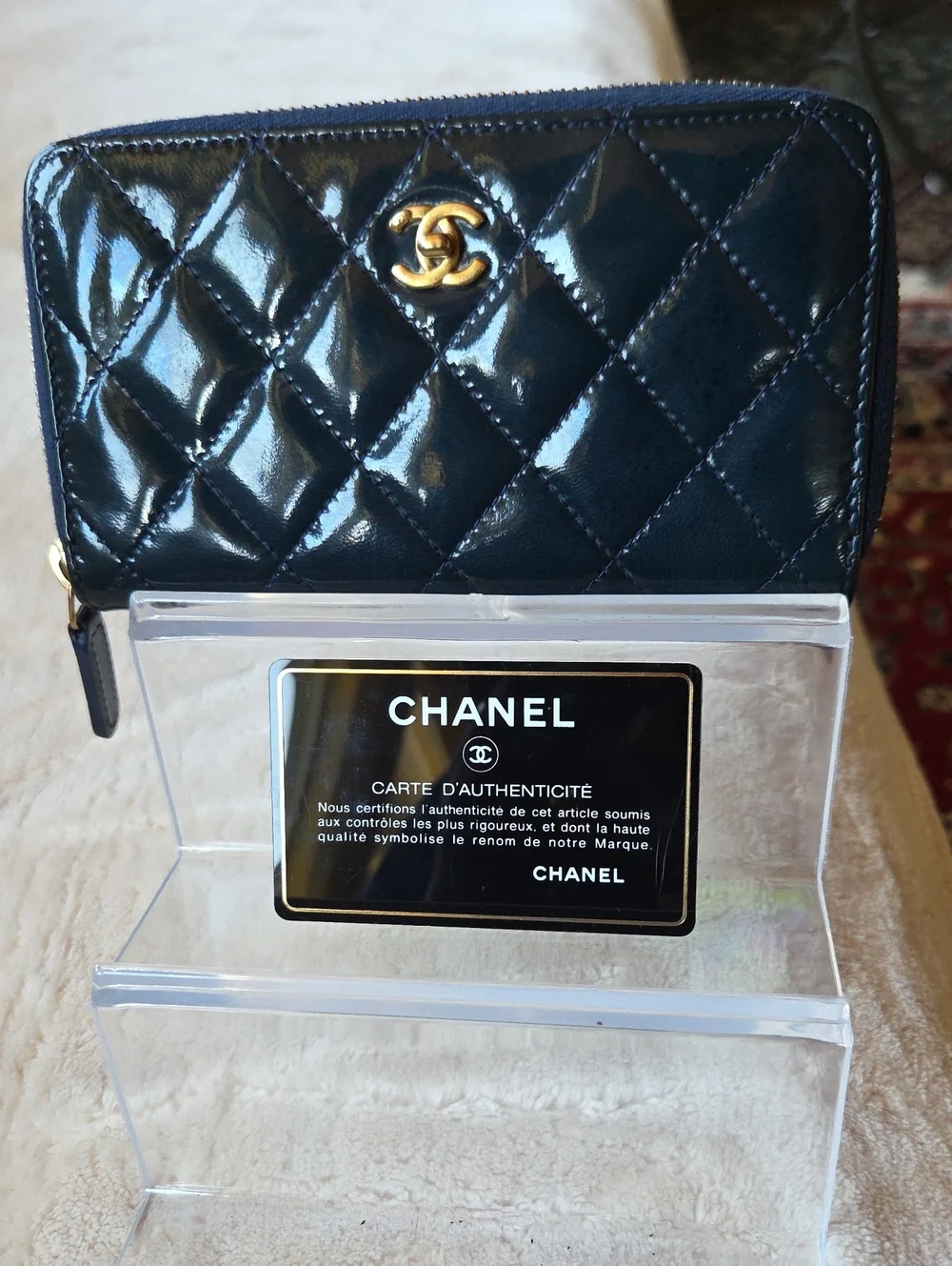 CHANEL Navy Quilted Patent Leather Zip Small Wallet with Gold CC